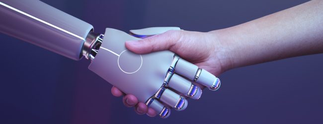 Robot handshake human background, futuristic digital age